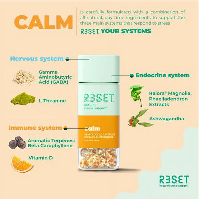 R3SET Calm | Natural Stress Relief & Anxiety Supplement | Herbal Immunity Support | Ashwagandha, L-Theanine, Vitamin D3, Valerian, Ahiflower, GABA, 5-HTP | Caffeine-Free | 14 Vegan Capsules