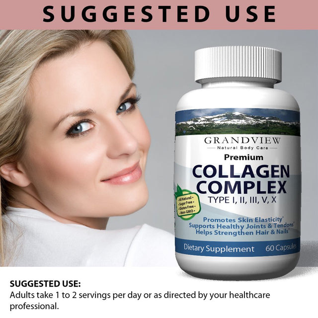 Collagen Complex - - Supports Joint Health. Promotes Skin Elasticity. Strengthens Nails. Natural Supplement. Helps Prevent Damaged Hair.. 60 Caps Grandview