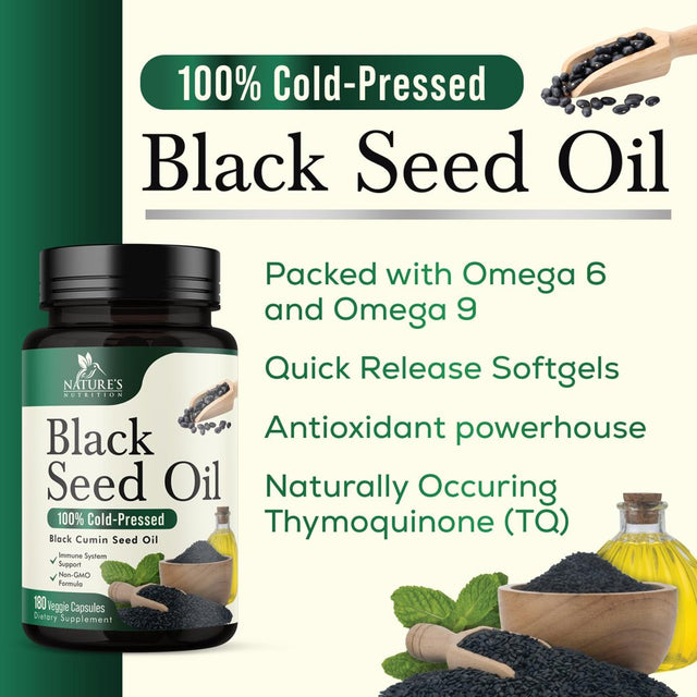 Black Seed Oil Capsules 1000Mg - Vegan Cold-Pressed Nigella Sativa Black Seed Oil, Nature'S Pure Black Cumin Seed Oil for Immune, Hair and Brain Support, Non-Gmo - 180 Capsules