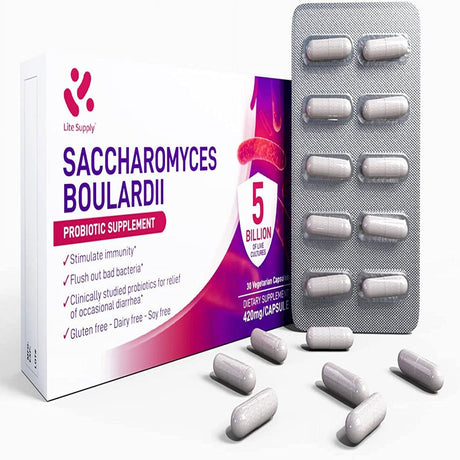 Lite Supply Saccharomyces Boulardii, 5 Billion Viable Organisms, 30 Vegetable Capsules, Daily Probiotic Supplement for Women and Men, Support Digestive and Immune Health