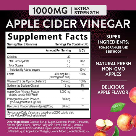 Nature'S Nutrition Apple Vinegar Gummy for Weight Loss 1000Mg - Vegan Apple Cider Vinegar Gummies for Detox & Cleanse, ACV Supplement Pills, Vitamin B12, Beetroot & Pomegranate, Non-Gmo - 120 Gummies