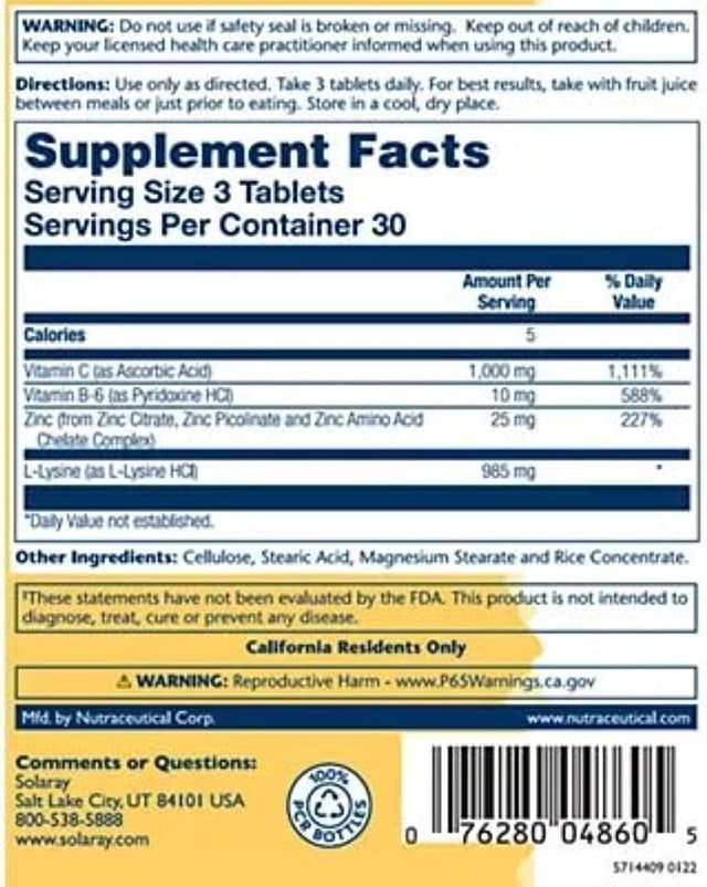 SOLARAY Free-Form L-Lysine 90 Tabs