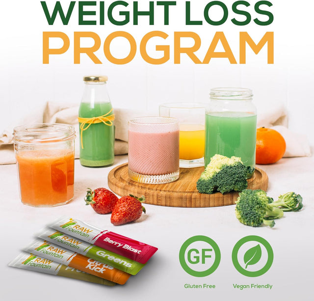 Raw Fountain 3 Day Juice Cleanse Detox, Weight Management Program, 24 Powder Packets, Travel and Vegan Friendly, 4 All Natural Flavors, Includes Protein (3 Day)