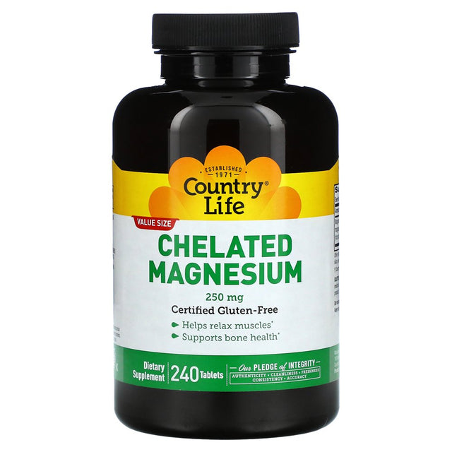 Country Life Chelated Magnesium Tablets 250Mg, 240 Count, Certified Gluten Free, Certified Vegan