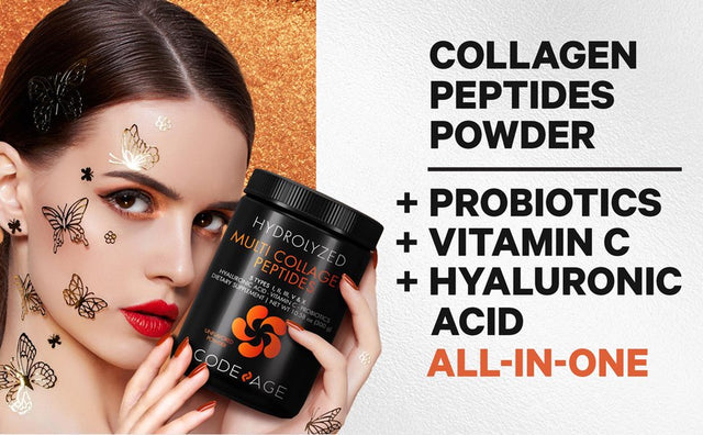 Codeage Multi Collagen Peptides + Probiotics Black Edition, Vitamin C, Hyaluronic Acid, 10.58 Oz