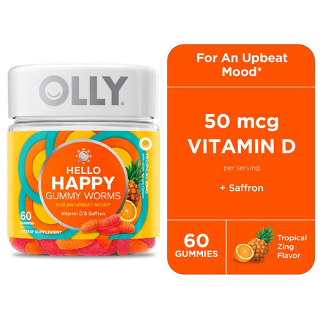 OLLY Hello Happy Gummy Worms, Mood Balance Support Supplement, Vitamin D, Tropical, 60 Ct