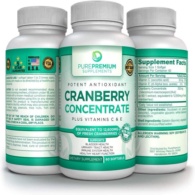 Cranberry Pills by Purepremium Supplements - Maximum Potency Cranberry Concentrate - Non-Gmo, 60 Softgels