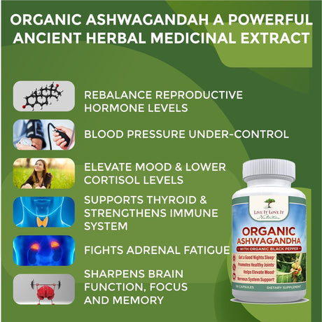 Live It Love It Organic Ashwagandha Capsules 1300Mg, Dietary Supplement Vegetarian Capsule (60 Caps)