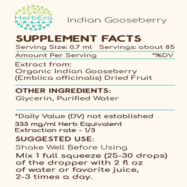 Indian Gooseberry Alcohol-Free Herbal Extract Tincture, Super-Concentrated Organic Indian Gooseberry (Emblica Officinalis) Dried Fruit 2 Oz