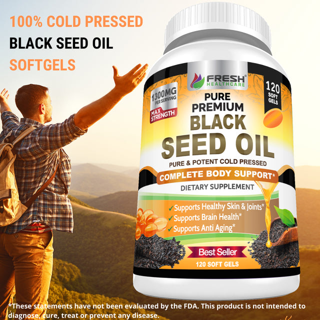 Black Seed Oil Pills Cold Pressed 1300Mg per Serving, 100% Pure & Premium Non-Gmo Nigella Sativa Black Cumin Seed Oil, Supports Immune System, Joint & Skin Health - 120 Liquid Softgel Capsules