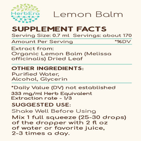 Lemon Balm Alcohol Herbal Extract Tincture, Super-Concentrated Organic Lemon Balm (Melissa Officinalis) Dried Leaf 4 Oz