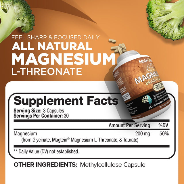 Nutrivein Magnesium L-Threonate (Mgt) - 90 Capsules - Boosts Brain Health, Memory & Focus