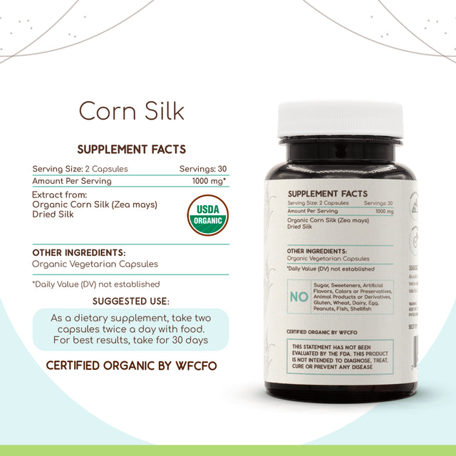 Corn Silk 60 Capsules, 500 Mg, Organic Corn Silk (Zea Mays) Dried Silk