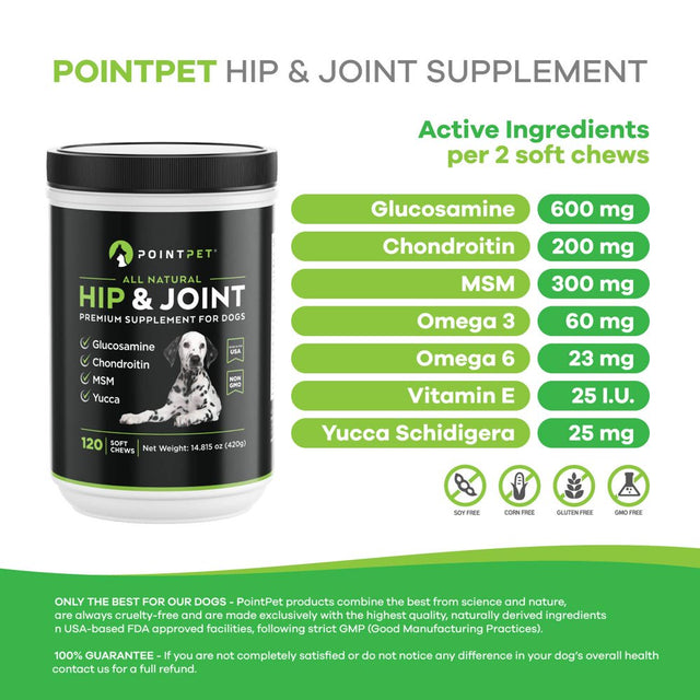 POINTPET Hip and Joint Supplement with Glucosamine & MSM for Dogs, 120 Soft Chews