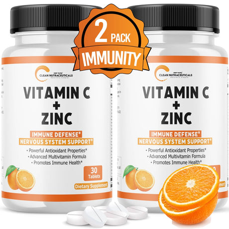 Vitamin C Zinc Immune Support Tablets for Adults Kids (Infused W/ 25 Healthy Vitamins) - Zinc Tablets Immune System Booster, Immunity Defense, High Absorption - Non GMO, No Gluten (2 Bottles)