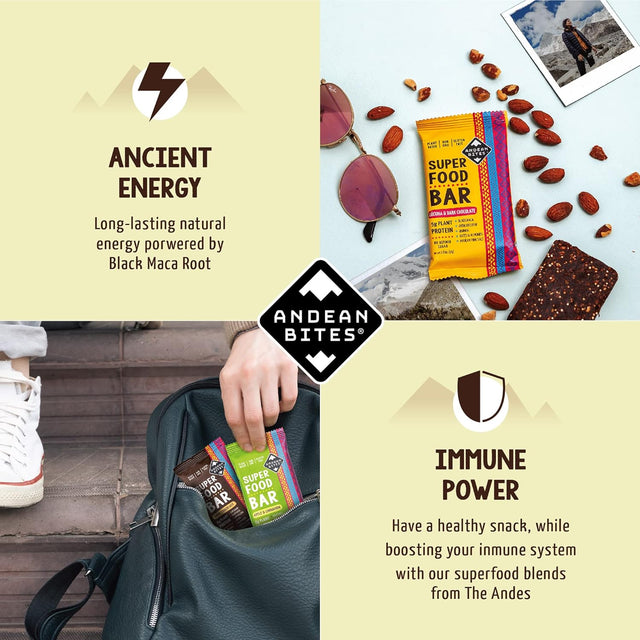 Andean Bites Superfood Bars – Plant Based Energy Bars – Black Maca, Lupin, Quinoa Nutrition Bars – Healthy Energy Snacks – Non-Gmo, Gluten-Free, Vegan Bars, Variety Pack of 12, Cacao Flavor