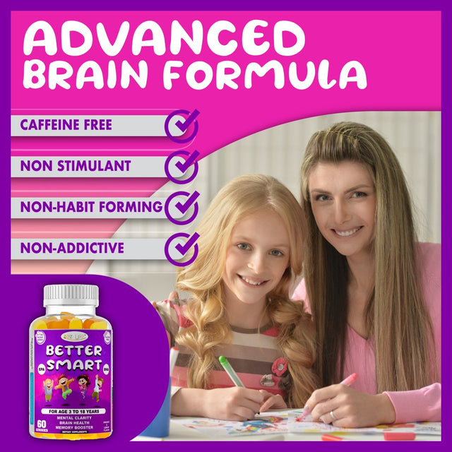 Kids Brain Booster Supplement Memory Supplement for Brain Vision & Heart Health, Attentive Child Supplement Focus Supplement for Kids. 60 Gummies