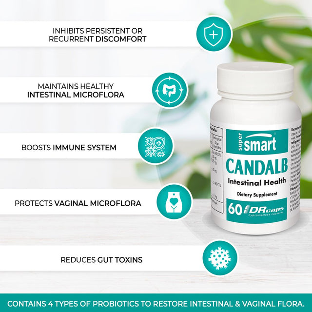 Supersmart - Candalb - Candida Cleanse - Intestinal & Vaginal Flora Health Supplement - with Lactobacillus Acidophilus, Rhamnosus, Inulin | Non-Gmo & Gluten Free - 60 DR Capsules