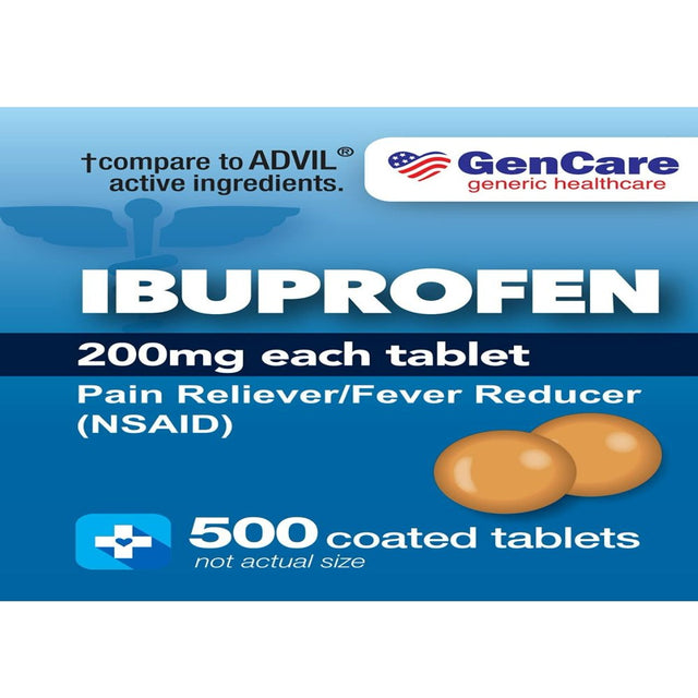 Gencare - Ibuprofen (200Mg) Pain Reliever and Fever Reducer (500 Coated Tablets) | Ultimate Savings Bulk Pack | NSAID for Headache Relief, Body Aches, Back Pain, Cramps, Muscle Aches & Arthritis