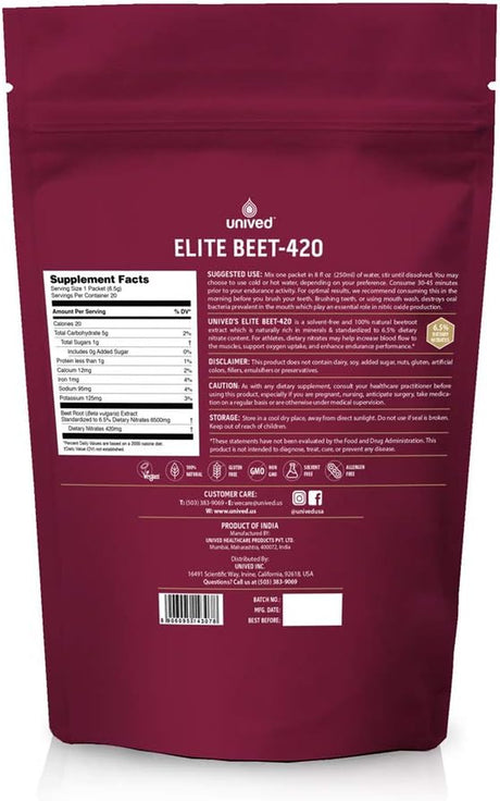 Unived Elite Beet-420 | Beetroot Extract Standardized to 6.5% Dietary Nitrate, 420Mg Nitrate per Serving | Endurance Superfood for Athletes | Vegan, Caffeine-Free, Pre-Workout | 20 Servings