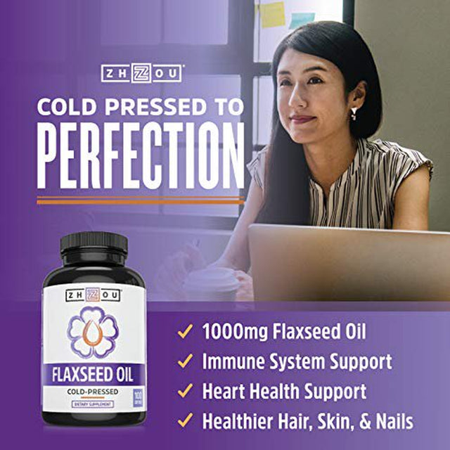 Zhou Flaxseed Oil 1000 Mg | Supports Heart Health and Healthy Hair, Skin & Nails | Essential Omega 3,6, 9 Fatty Acids | 100 Count