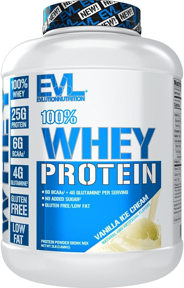 Evlution Nutrition 100% Whey Protein, 25G of Whey Protein, 6G of Bcaas, 4G of Glutamine, Gluten Free (5 LB, Vanilla Ice Cream)