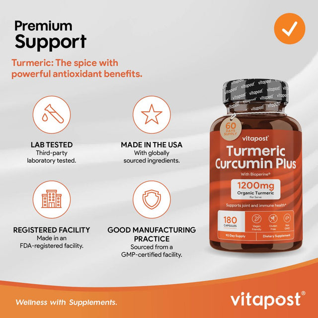 Vitapost Turmeric Curcumin plus Supplement for Joint, Muscle, Immune System Support - 180 Capsules