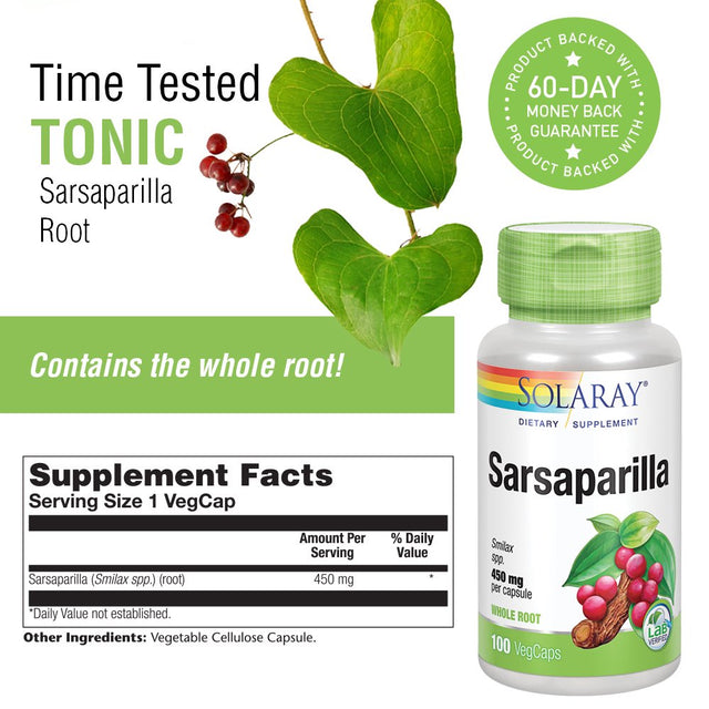 SOLARAY Sarsaparilla Root, Veg Cap (Btl-Plastic) 450Mg 100Ct