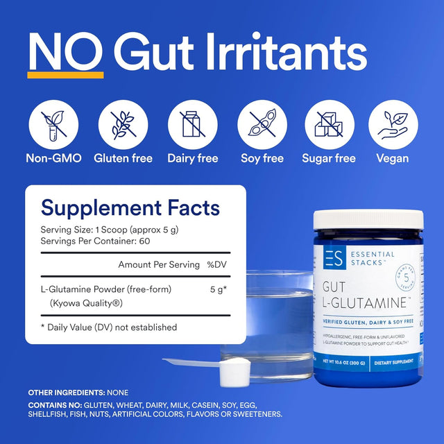 Essential Stacks Gut L-Glutamine Powder - Made in USA - Pure L Glutamine Powder for Leaky Gut, Bloating & Gut Health - Dairy, Soy & Gluten Free, Non-Gmo, Vegan Glutamine Supplement