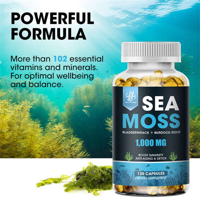 Imatchme 100% Natural Sea Moss Capsules 1000Mg Supplement - Immune System, Gut, Skin & Thyroid Support - 120 Capsules