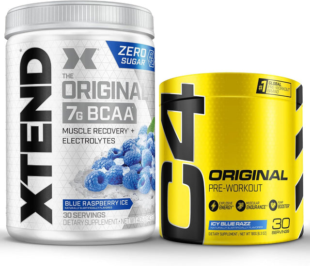 Cellucor Pre Workout & BCAA Bundle, C4 Original Pre Workout Powder, ICY Blue Razz, 30 Servings + XTEND BCAA Powder, Blue Raspberry, 30 Servings