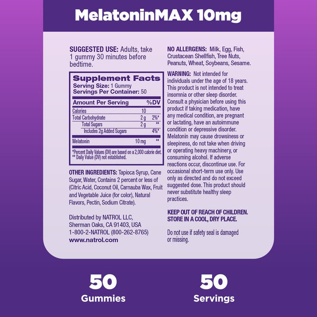 Natrol Melatoninmax Sleep Aid Gummy, 10Mg per Gummy, Maximum Strength for Better Sleep, 50 Gummies