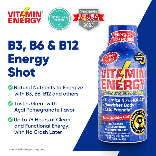 Vitamin Energy B12 Energy Shots | Natural Healthy Energy & Focus Drink | Sugar-Free Carb-Free Supplement | Vitamins B6, B12 | Energize up to 7+ Hours | Acai Pomegranate - 1.93 Fl Oz - Pack of 12