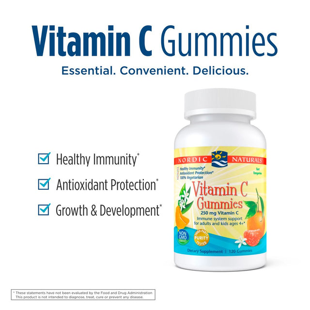 Nordic Naturals Vitamin C Gummies, 250 Mg, Tart Tangerine Flavor, 120 Ct