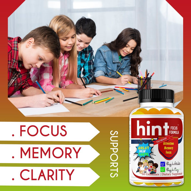 HINT Kids Brain Focus Gummies for Attention & Memory for Teens, Natural Vitamins with Omega DHA- 60 Ct