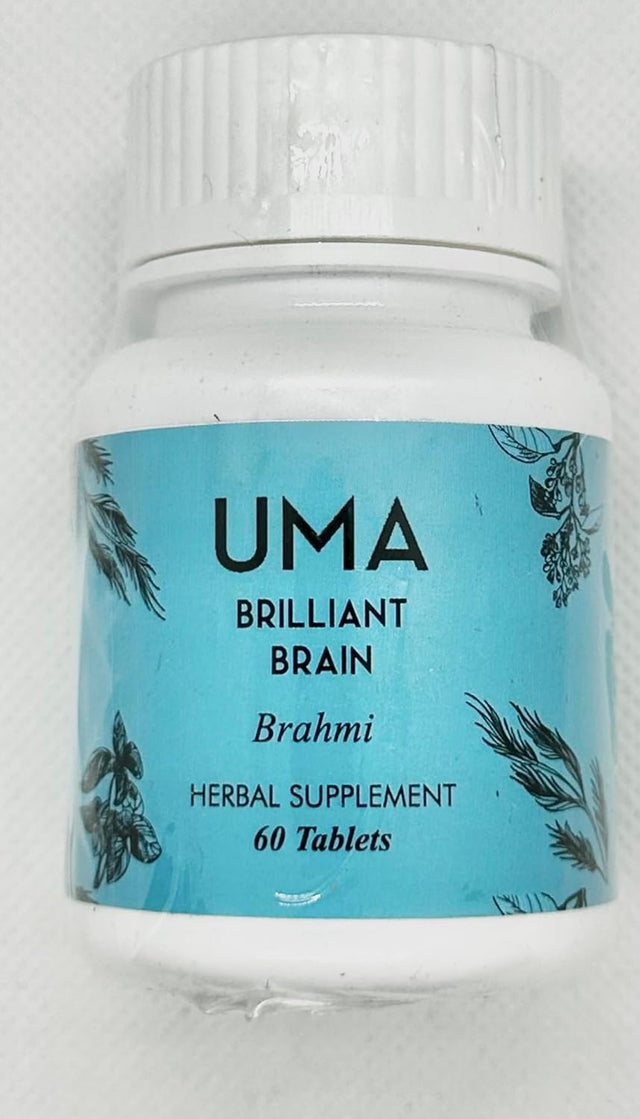 UMA Brilliant Brain Herbal Supplement | 100% Organic Ayurvedic Brahmi Supplement for Concentration, Focus, Recall Ability | Vegan Formula (60 Tablets)