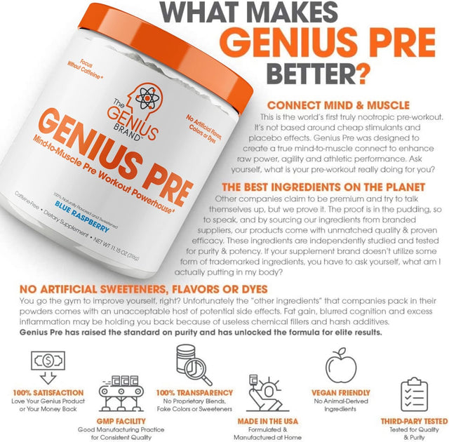 Genius Pre Workout Powder, Blue Raspberry - All-Natural Nootropic Pre-Workout & Caffeine-Free Nitric Oxide Booster Supplement with Beta Alanine & Alpha GPC - No Artificial Flavors, Sweeteners, or Dyes