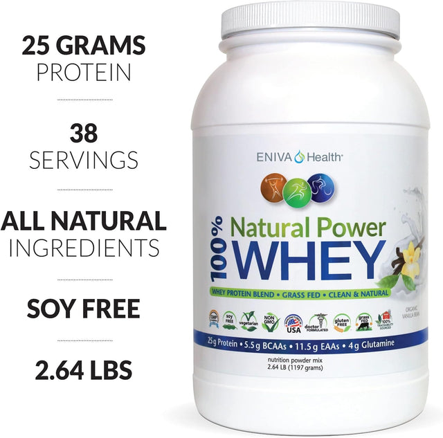 Eniva Natural Power 100% Grass Fed Whey Protein Powder, Organic Vanilla, Clean Protein,Keto, High Protein, Low Carb, Gluten Free Non GMO Soy Free, Whey (WPI) Isolate Primary, USA Made, 2.64 Lbs