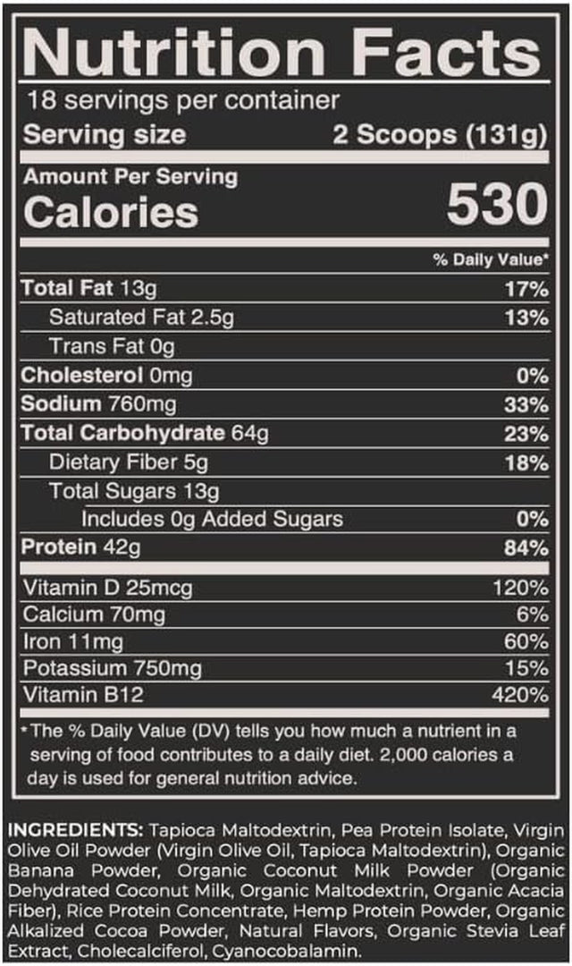 – Chocolate Vegan Mass Gainer – 5 Lb Natural High Calorie Protein Powder: GMO, Gluten, & Soy Free. No Artificial Ingredients – Vitamin B12 + D3, & Iron – 530 Calories – 18 Servings