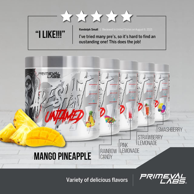 Primeval Labs Ape Untamed Pre Workout Energy Drink Powder | Max Support for Pumps & Focus | Nitric Oxide Production Preworkout Energy with L-Citrulline, Beta Alanine, Mango Pineapple 40 Servings