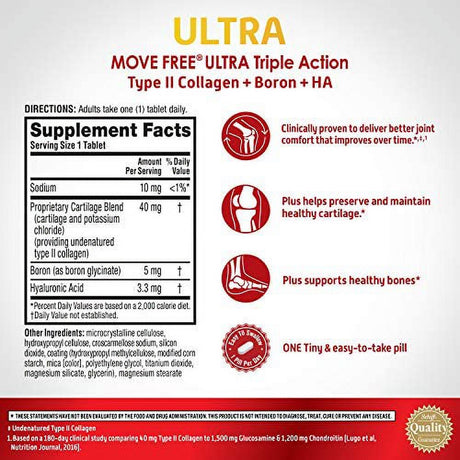 Move Free Ultra Triple Action Joint Support Supplement - Type II Collagen Boron & Hyaluronic Acid - Supports Joint Comfort, Cartiliage & Bones in 1 Tiny Pill per Day, 30 Tablets (30 Servings)*