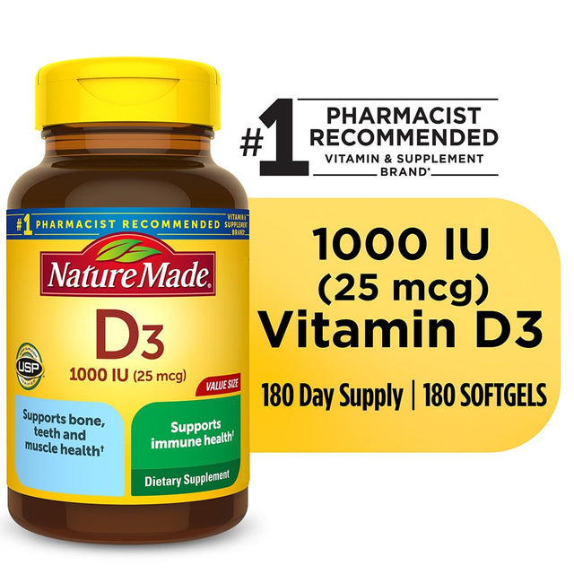 Nature Made Vitamin D3 1000 IU (25 Mcg) Softgels, 180 Count Value Size