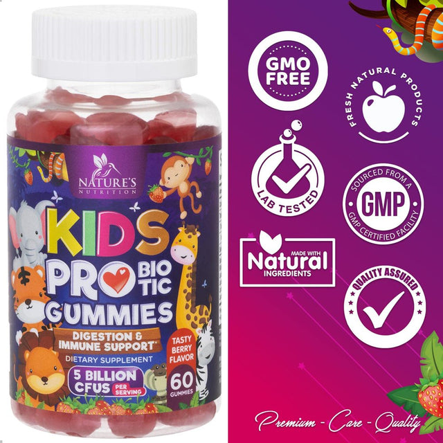 Probiotic for Kids Gummies - 5 Billion CFU with Lactobacillus & Bifidobacterium - Nature'S Kids Probiotics Gummy - Digestive Health & Immune Support, Berry Flavor, Gluten & Dairy Free - 60 Gummies