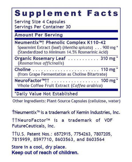 Premier Research Labs Cognitropic - Supports Memory, Thinking, Learning & Attention with Spearmint Extract, Organic Rosemary Leaf, Choline & Whole Coffee Fruit Extract - 120 Plant-Source Capsules