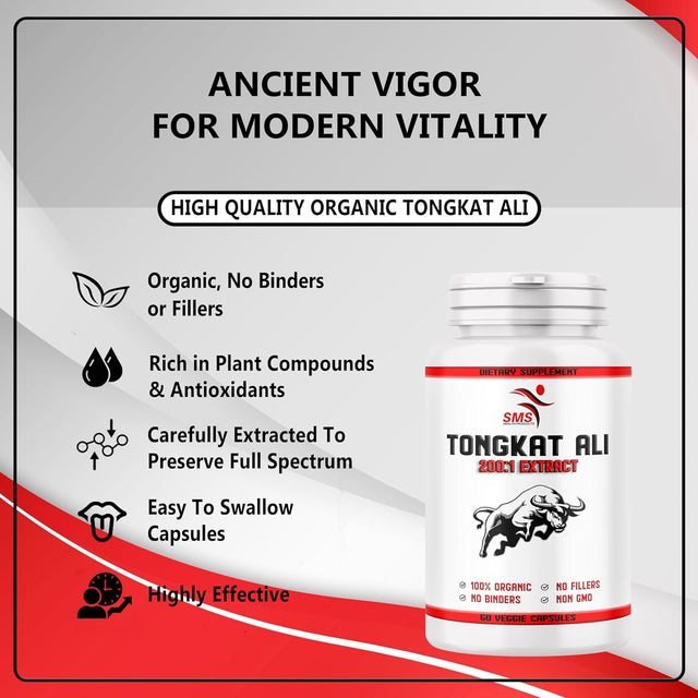 Tongkat Ali 200:1 as Long Jack Extract (Eurycoma Longifolia), 1000Mg per Serving, 60 Veggie Capsules, Supports Energy, Stamina and Immune System for Men and Women, Indonesia Origin, Non-Gmo