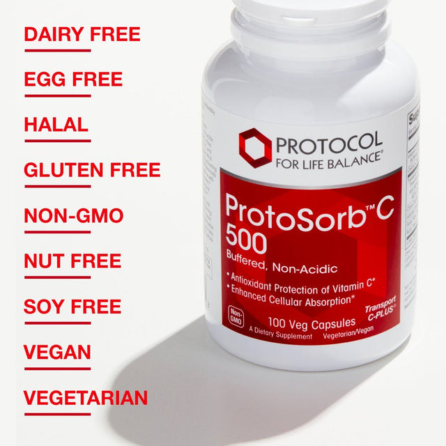 Protocol Protosorb Vitamin C 500Mg - Immune System Boost - Calcium, Rose Hips, Rutin - 100 Veg Caps