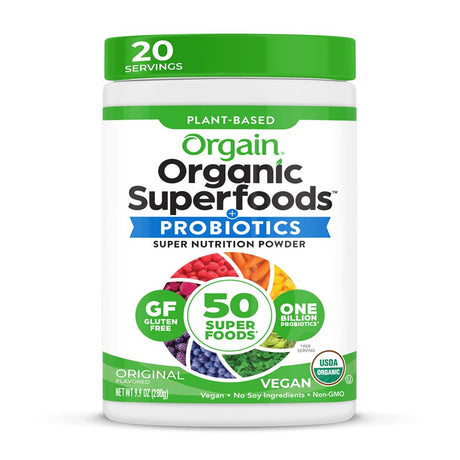 Orgain Organic Greens Powder + 50 Superfoods, Original - 1 Billion Probiotics for Gut Health, Antioxidants, Vegan, Plant Based, Gluten Free, Non GMO, Dairy Free Juice & Smoothie Mix - 0.62Lb