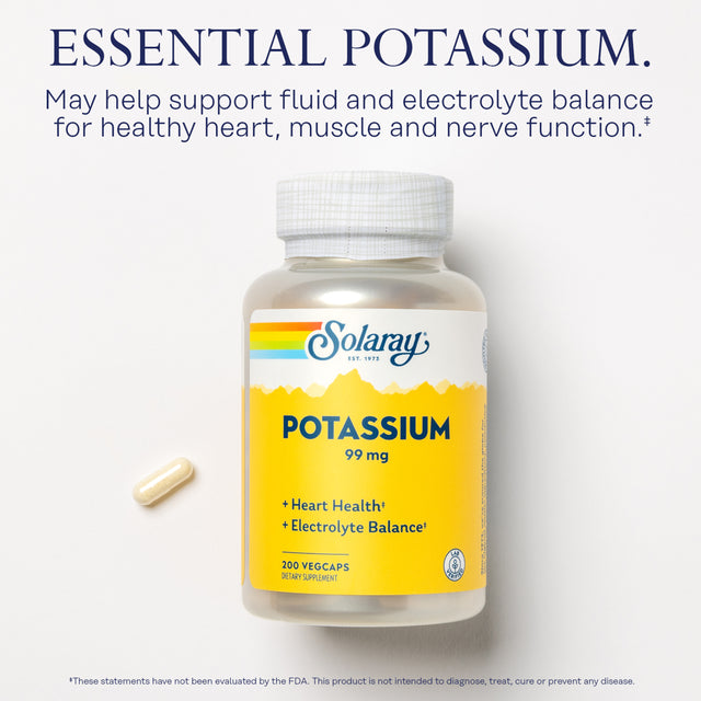 Solaray Potassium 99 Mg, Fluid & Electrolyte Balance Formula, Cardiovascular, Nerve & Muscle Health Support, 200 Vegcaps