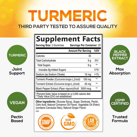 Turmeric Ginger Cinnamon Gummies - Vegan Turmeric Curcumin Gummy with 95% Curcuminoids - Black Pepper for Max Absorption, Herbal Joint Support Supplement, Nature'S Tumeric Extract - 60 Gummies