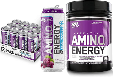 Optimum Nutrition Amino Energy Powder: Concord Grape (65 Servings) with Essential Amino Energy plus Electrolyes Sparkling Drink: Grape (12 Cans) - Bundle Pack